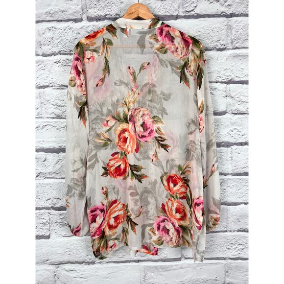 SUSAN GRAVER Women's L Floral Printed Sheer Chiffon Lace Trim Pleated Tunic Top - Picture 4 of 13